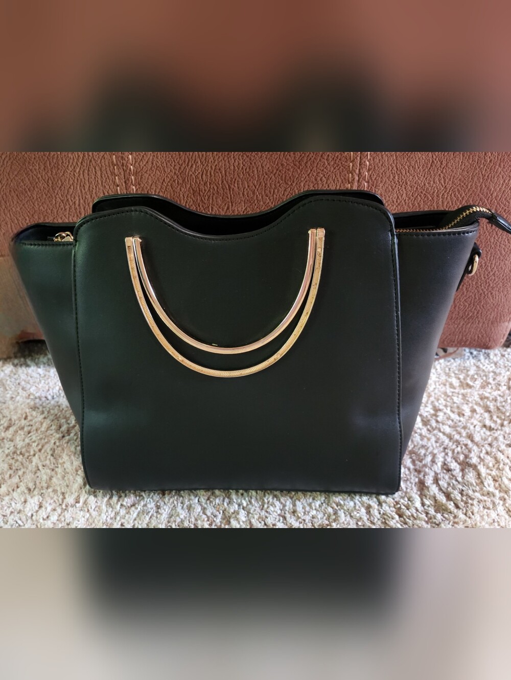 Chic Miztique Black Vegan Leather Satchel with Sculptural Gold Handles - Picture 5 of 14